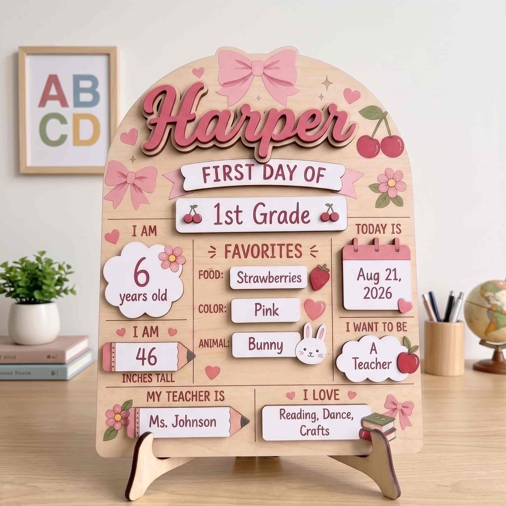 Personalized Pink Bow First Day School Board, Reusable Dry Erase Board, Back to School Sign