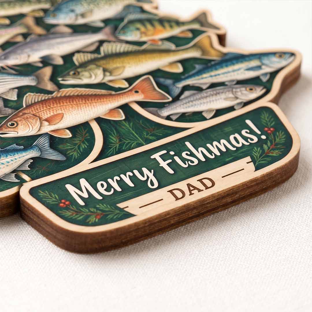 Merry Fishmas Fishing Tree Holiday Keepsake Personalized Custom Name Fishing 1-Layer Wooden Christmas Ornament for Fishing Lovers