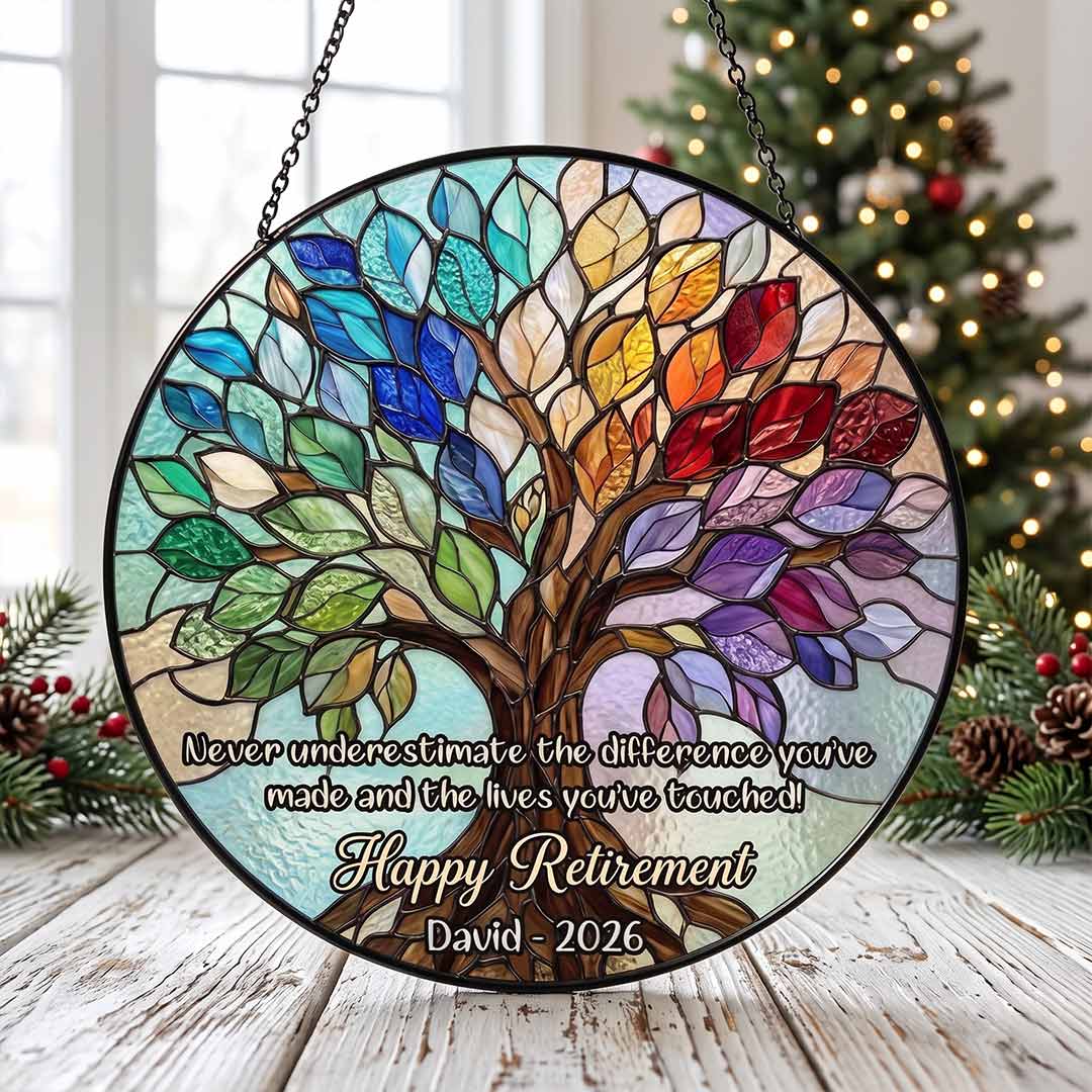 Retirement Tree of Life Personalized Custom Name Date Difference Maker Retirement Keepsake Stained Glass Suncatcher Ornament for Retirement Gift