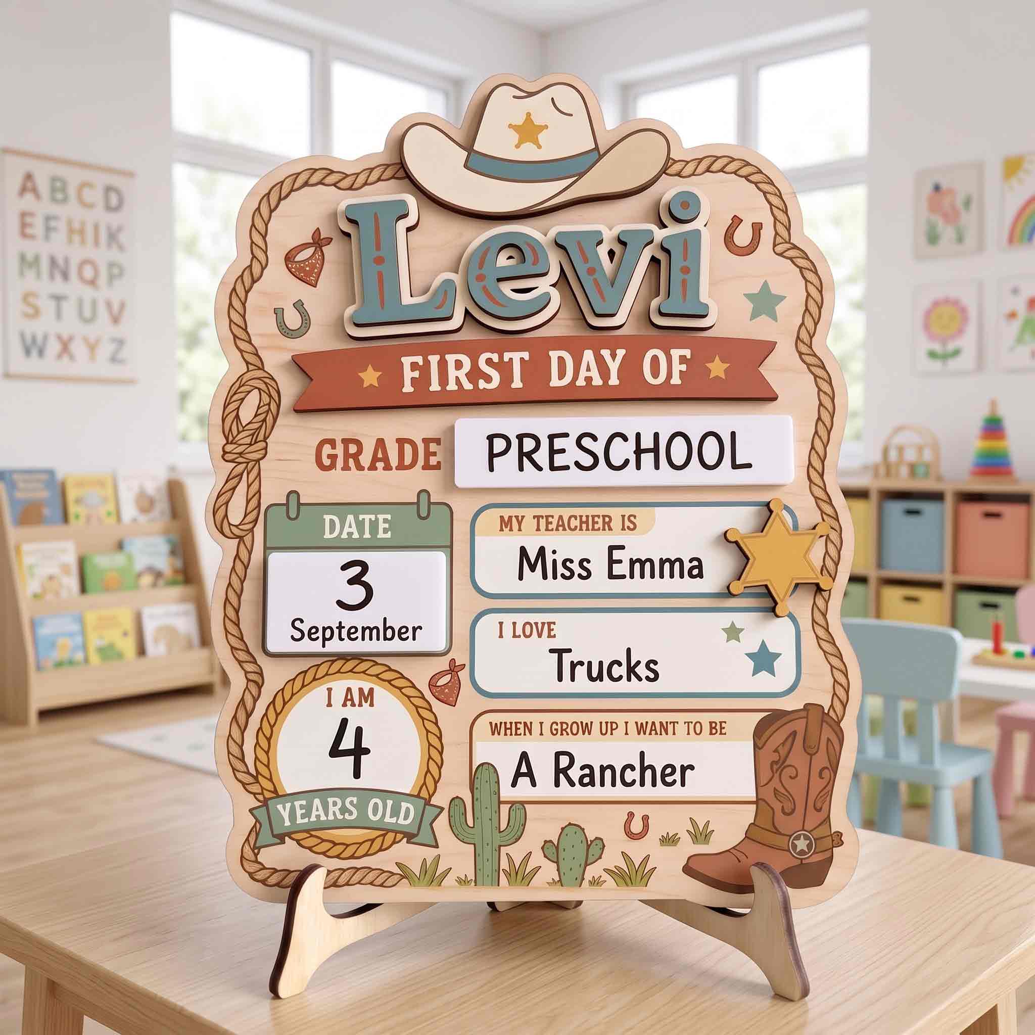 Personalized Western Cowboy First & Last Day School Sign, Reusable Dry Erase Board, Back to School Sign