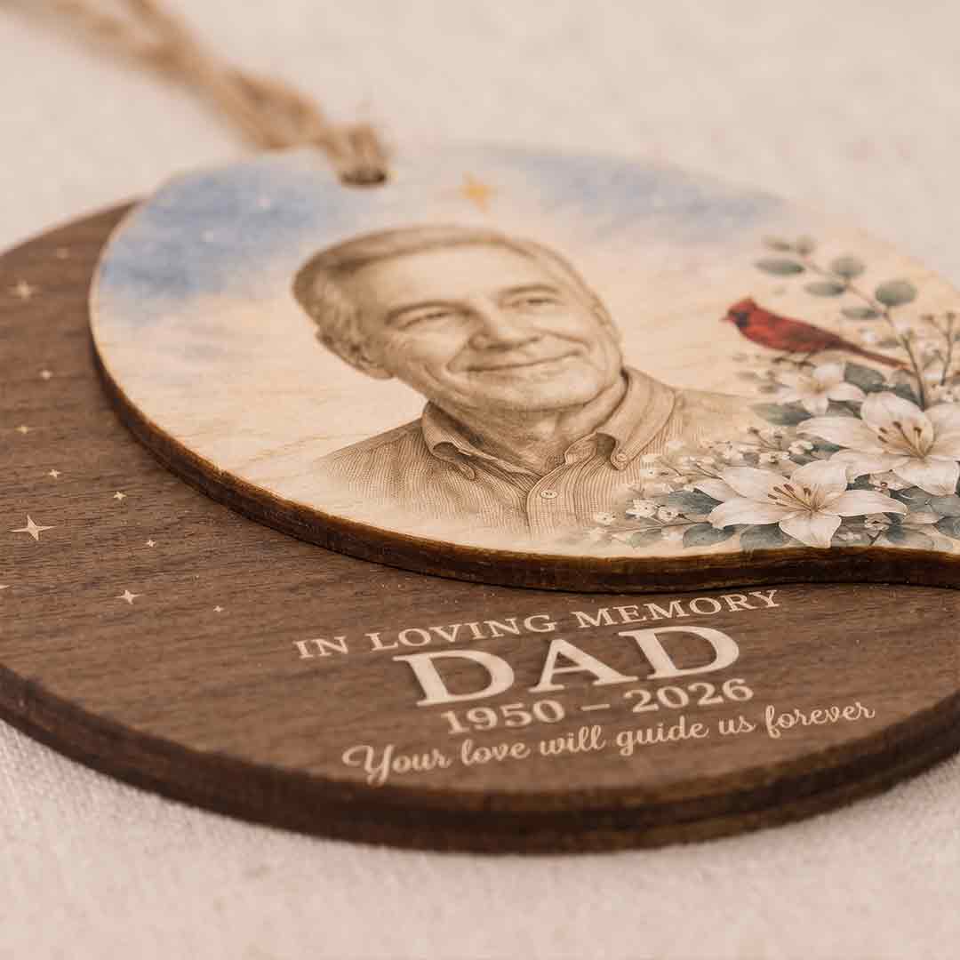In Loving Memory Dad Beach Sunset Personalized Custom Name Date Memorial 2-Layer Wooden Christmas Ornament Memorial Keepsake for Loss of Dad