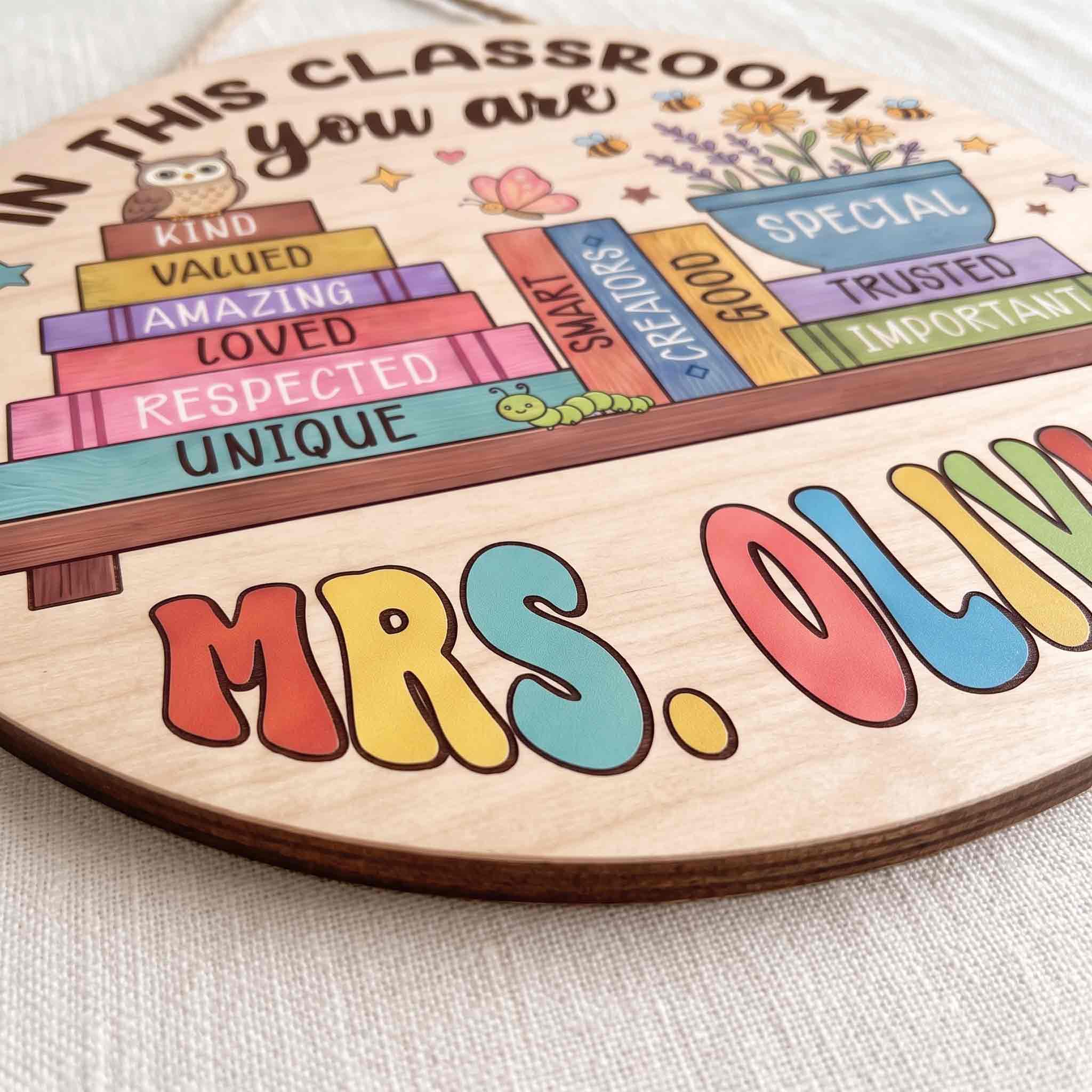 Personalized In This Classroom You Are Welcome Sign, Custom Teacher Classroom Door Decor with Inspirational Book Stack Wooden School Sign