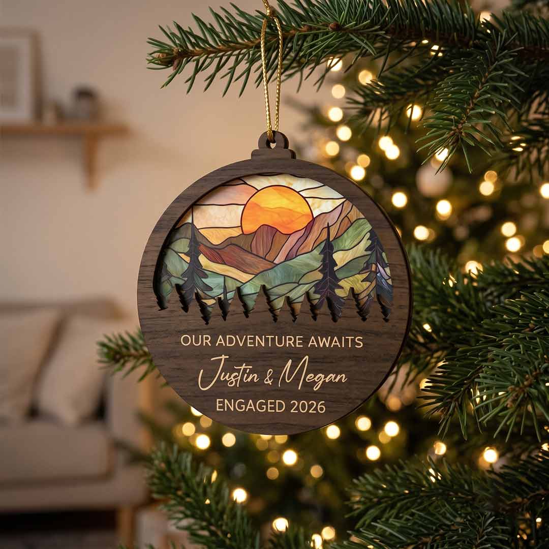 Engagement Mountain Sunset Personalized Custom Name Date Engagement 2-Layer Wooden Christmas Ornament Engagement Keepsake for Newly Engaged Couple