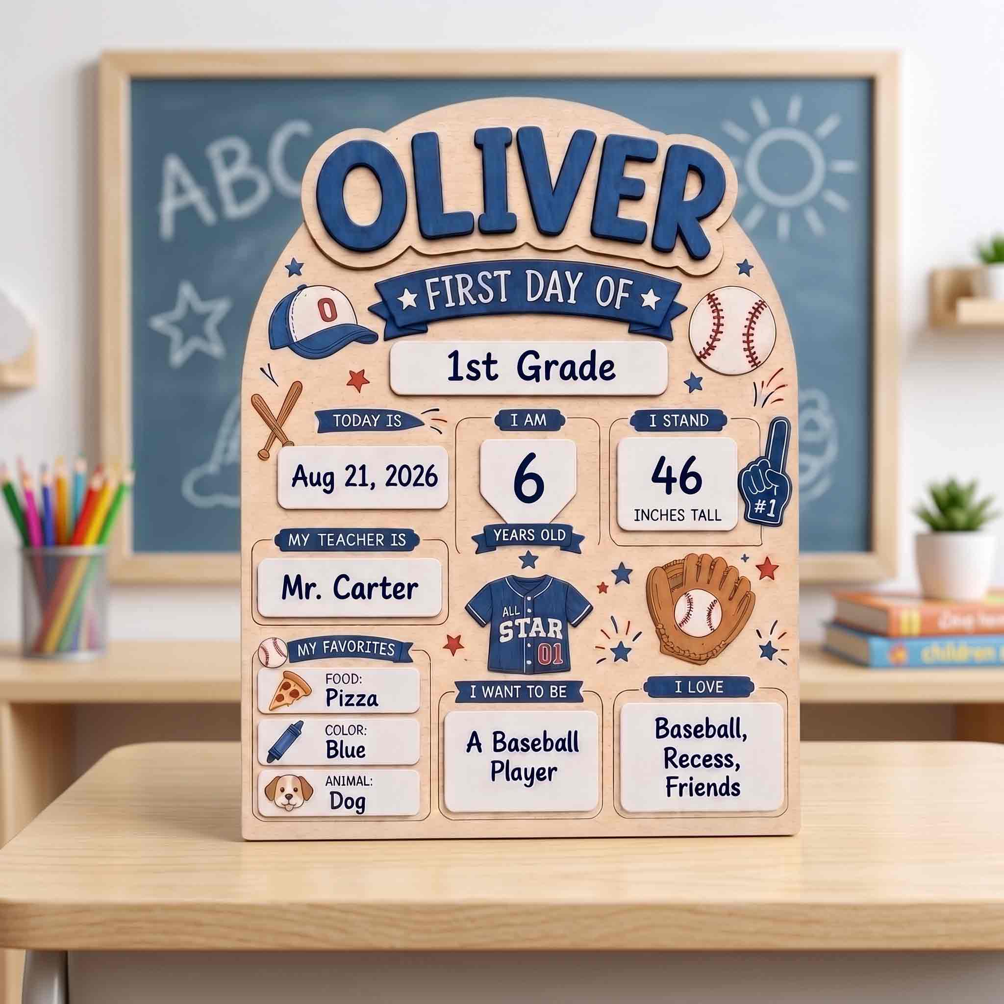Personalized Baseball First Day School Board, Reusable Dry Erase Board, Back to School Sign