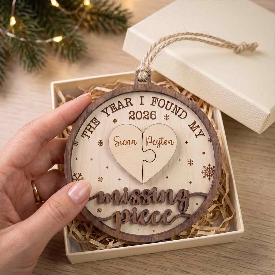 Missing Piece Puzzle Heart Personalized Custom Name Date Couple 2-Layer Wooden Christmas Ornament for Couples Gift