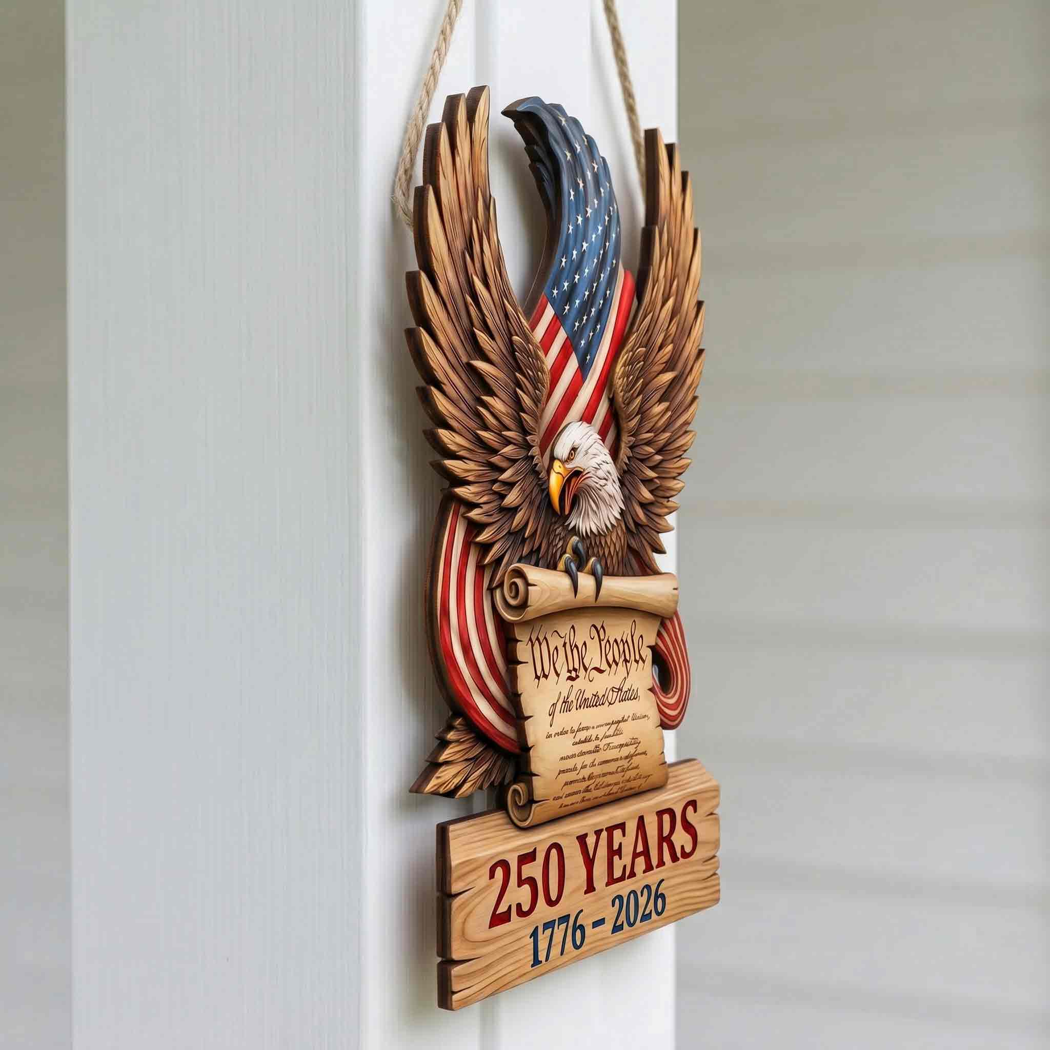 America 250 Wooden Sign Featuring We The People and Bald Eagle Design