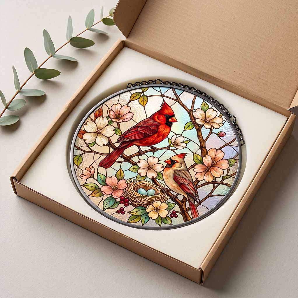 Cardinal Couple Nest Floral Bird Lover Gift Nature Window Decor Couple Stained Glass Suncatcher Christmas Ornament
