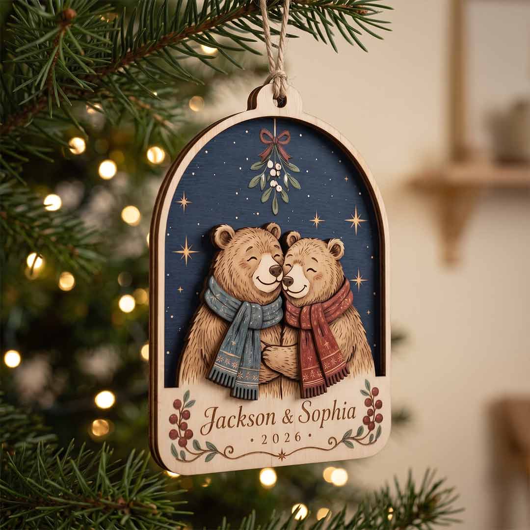 Christmas Bear Couple Personalized Custom Name Date Couple 2-Layer Wooden Christmas Ornament for Couples Christmas Gift