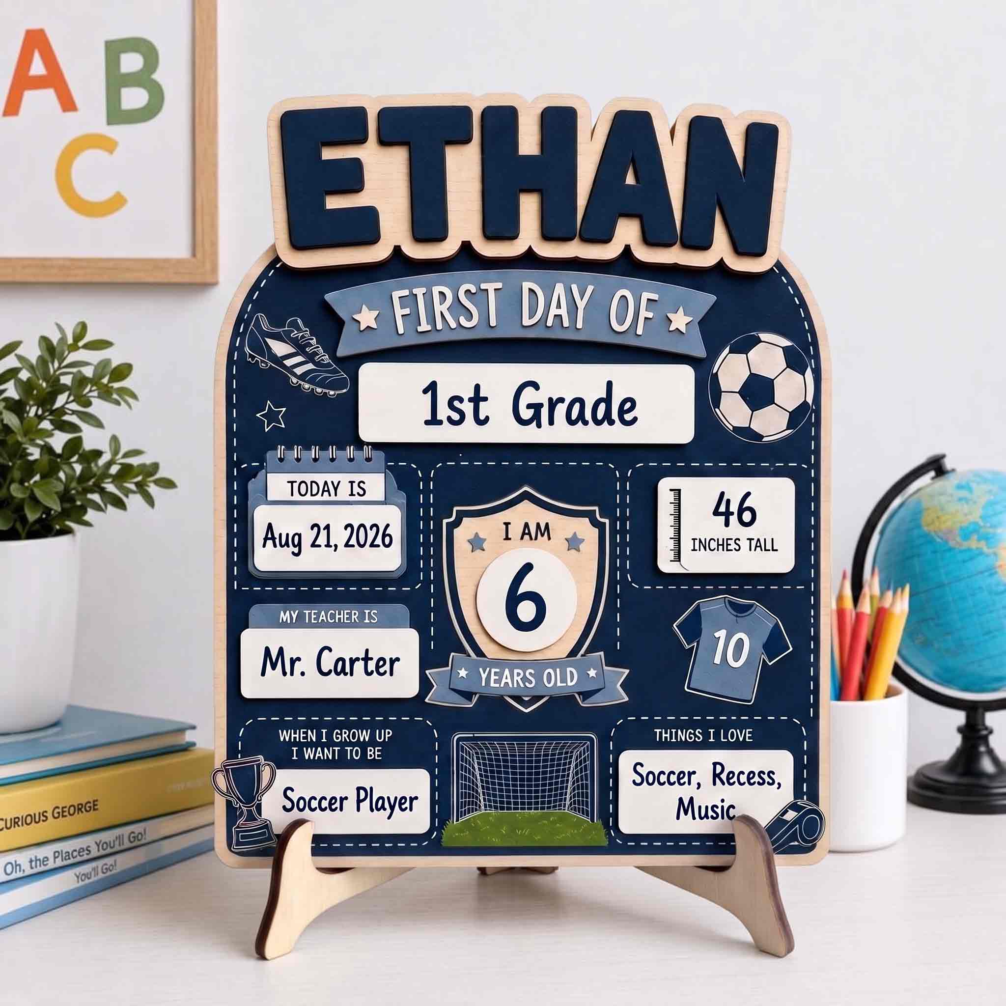 Personalized Soccer First Day School Board, Reusable Dry Erase Board, Back to School Sign