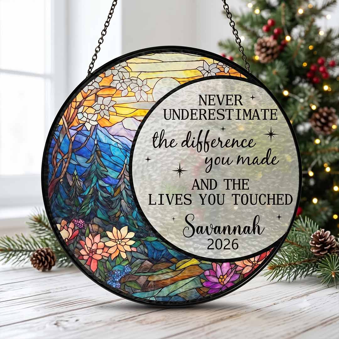 Never Underestimate The Difference You Made Retirement Personalized Custom Name Date Retirement Stained Glass Suncatcher Ornament for Retirement Gift