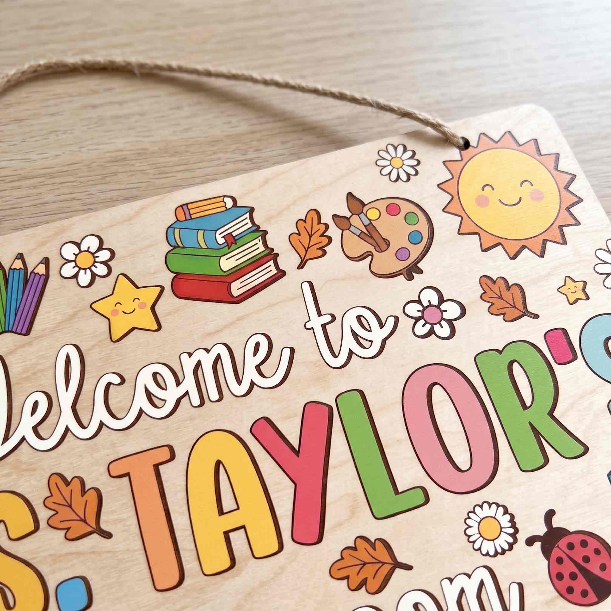 Personalized Welcome to Teacher Classroom Wooden Sign, Custom Fall Classroom Door Hanger with Autumn Leaves