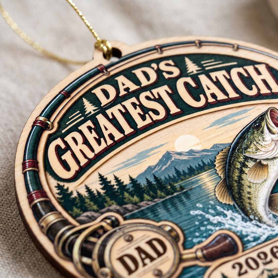 Fishing Dad Greatest Catch Father Fisherman Keepsake Fishing 1-Layer Wooden Christmas Ornament for Dad Gift