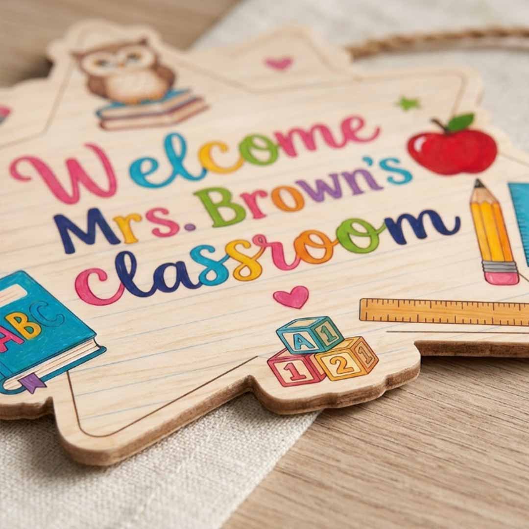 Personalized Teacher Name Wooden Sign Door Hanger Welcome Classroom Star Wooden Classroom Decor, Back to School Sign