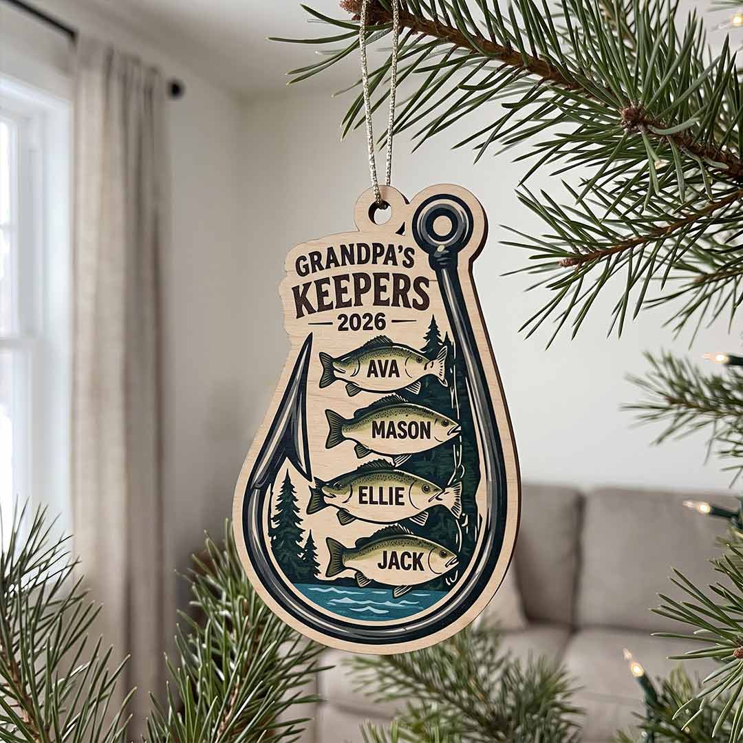 Grandpa's Keepers Fishing Fisherman Father Keepsake Personalized Custom Name Date Fishing 1-Layer Wooden Christmas Ornament for Dad Gift
