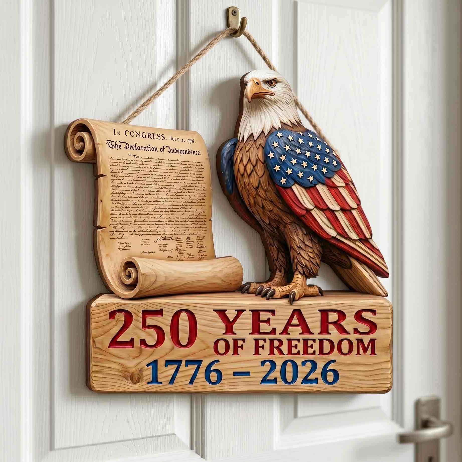 America 250 Wooden Sign Featuring the Declaration of Independence and Bald Eagle
