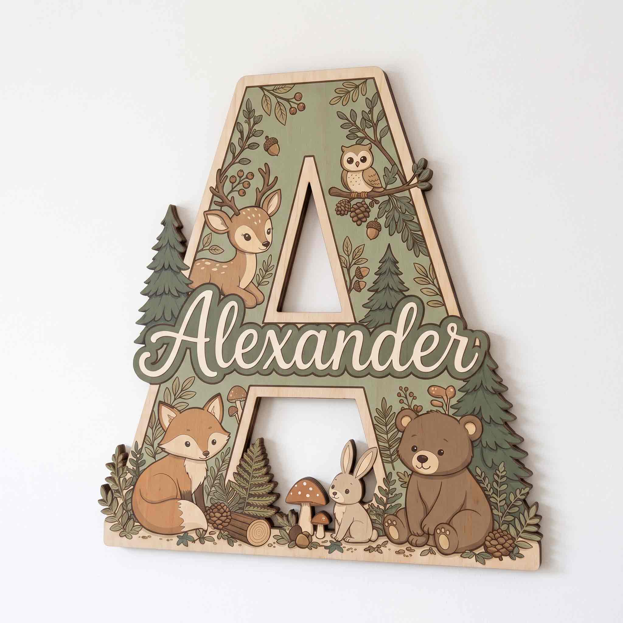 Personalized Woodland Animals Nursery Name Sign Wooden Baby Room Decor