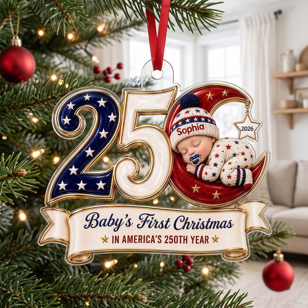 250 Moon Sleeping Baby America's 250th Year Custom Name Baby's First Christmas Acrylic Christmas Ornament Patriotic