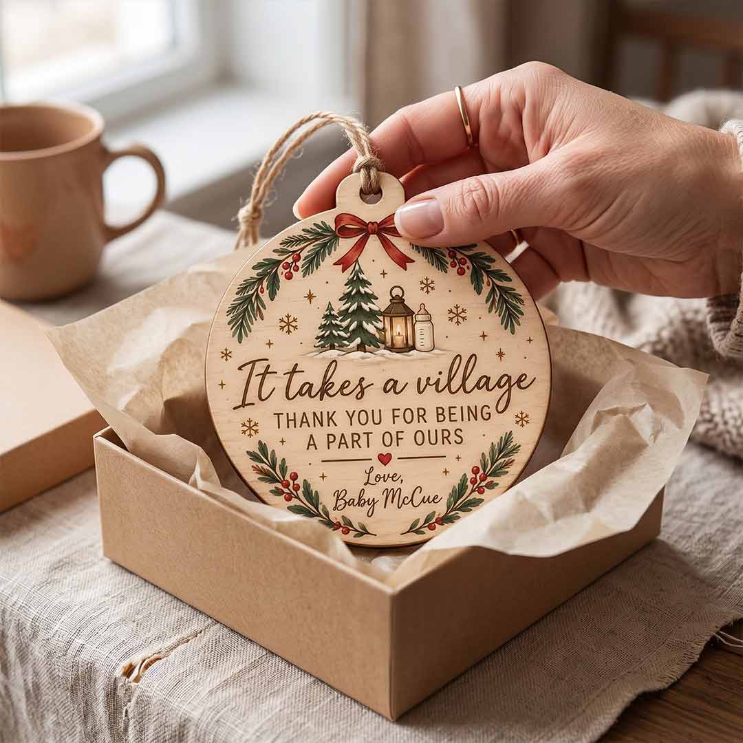 It Takes a Village Baby Thank You Newborn Keepsake Personalized Custom Name Newborn 1-Layer Wooden Christmas Ornament for Baby Gift