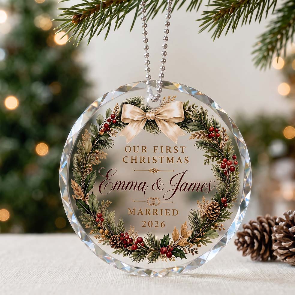 Our First Christmas Evergreen Wreath Custom Names Date First Married Christmas Round Glass Christmas Ornament