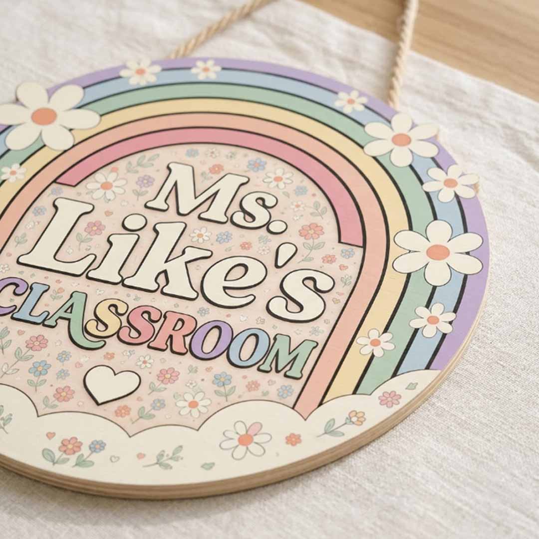 Personalized Teacher Name Wooden Sign Door Hanger Pastel Rainbow Classroom Sign  Wooden Classroom Decor, Back to School Sign