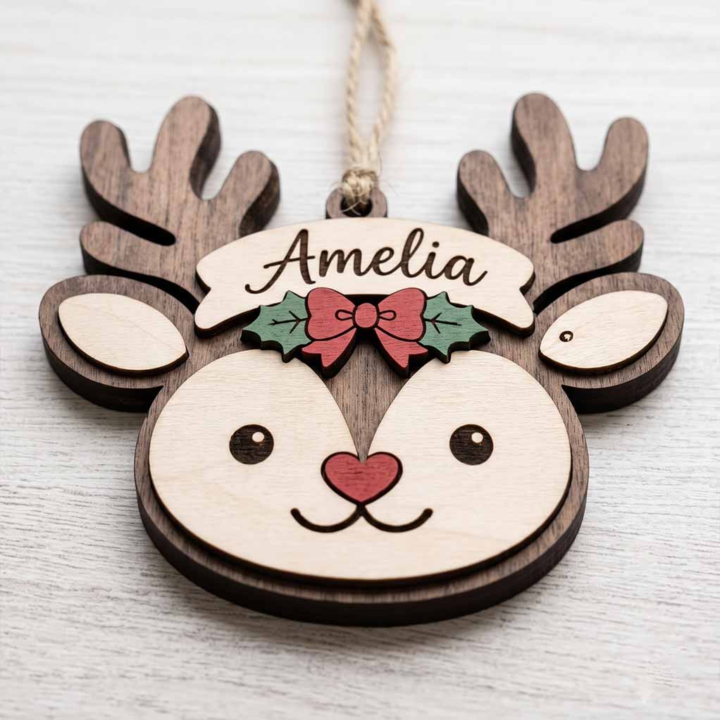 Cute Baby Reindeer 2026 Personalized Custom Name 2 Layered Piece Wooden Christmas Ornament Christmas Keepsake