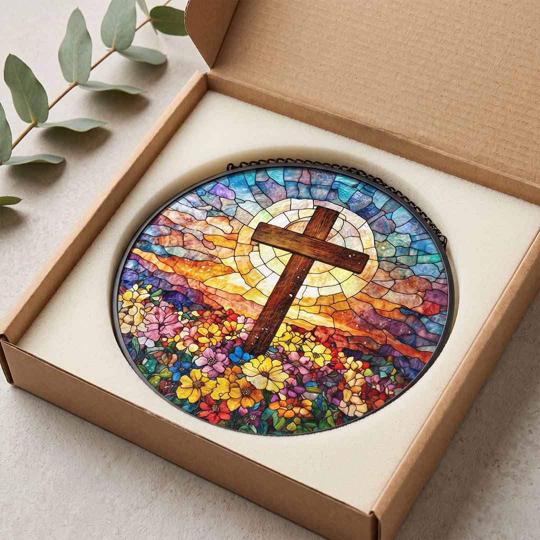 Floral Cross Faith Hope Spiritual Inspiration Nativity Stained Glass Suncatcher Christmas Ornament