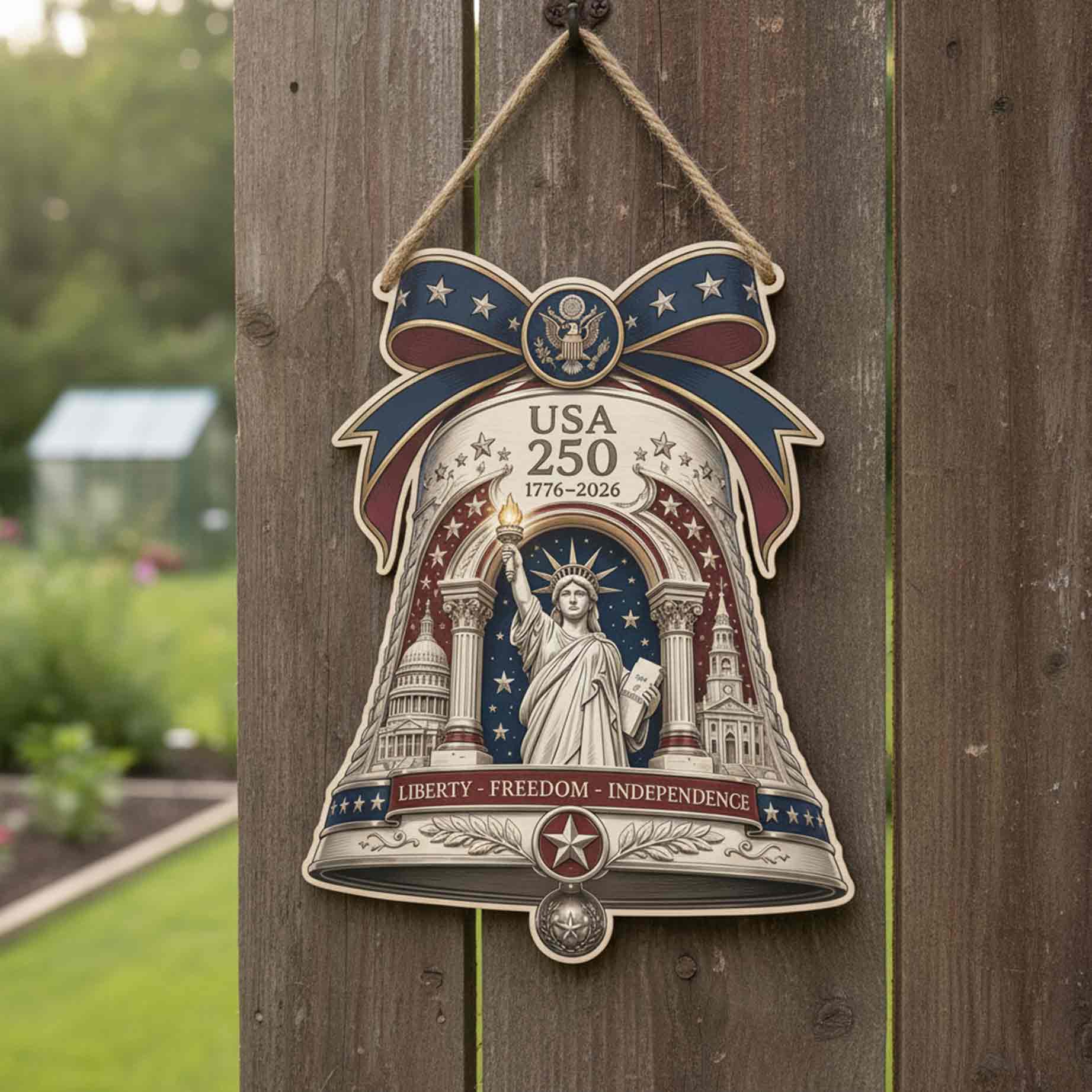 America 250th Anniversary Wooden Sign With Liberty Bell and Statue of Liberty