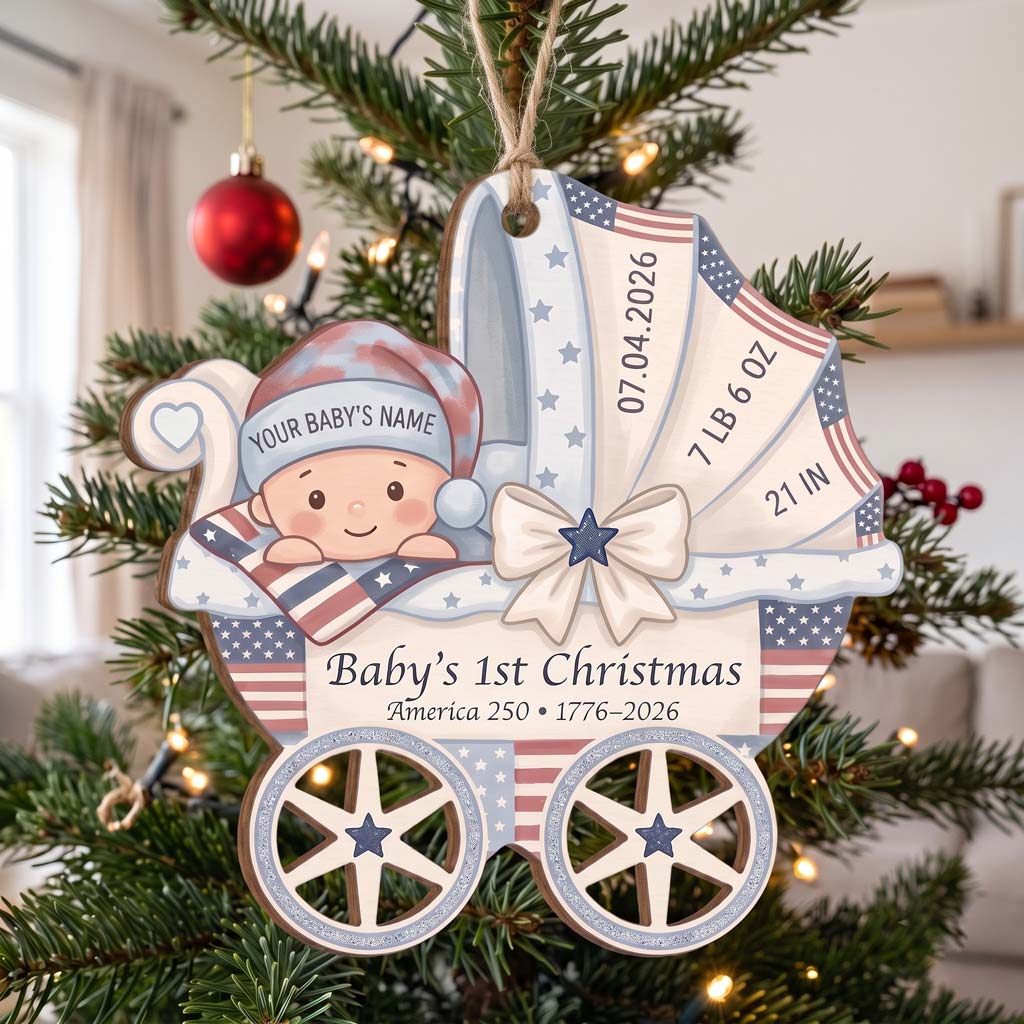 Baby's 1st Christmas America's 250th Year Baby Carriage Custom Name Date Weight Length Baby's First Christmas Wooden Ornament