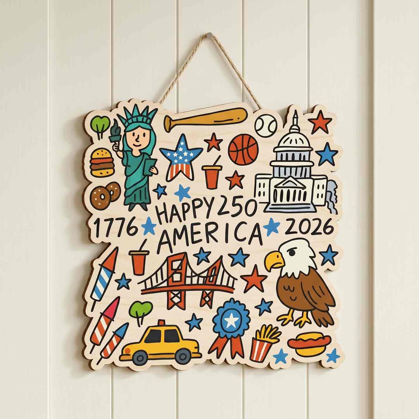 Happy 250 America 1776-2026 Doodle Patriotic Wooden Sign