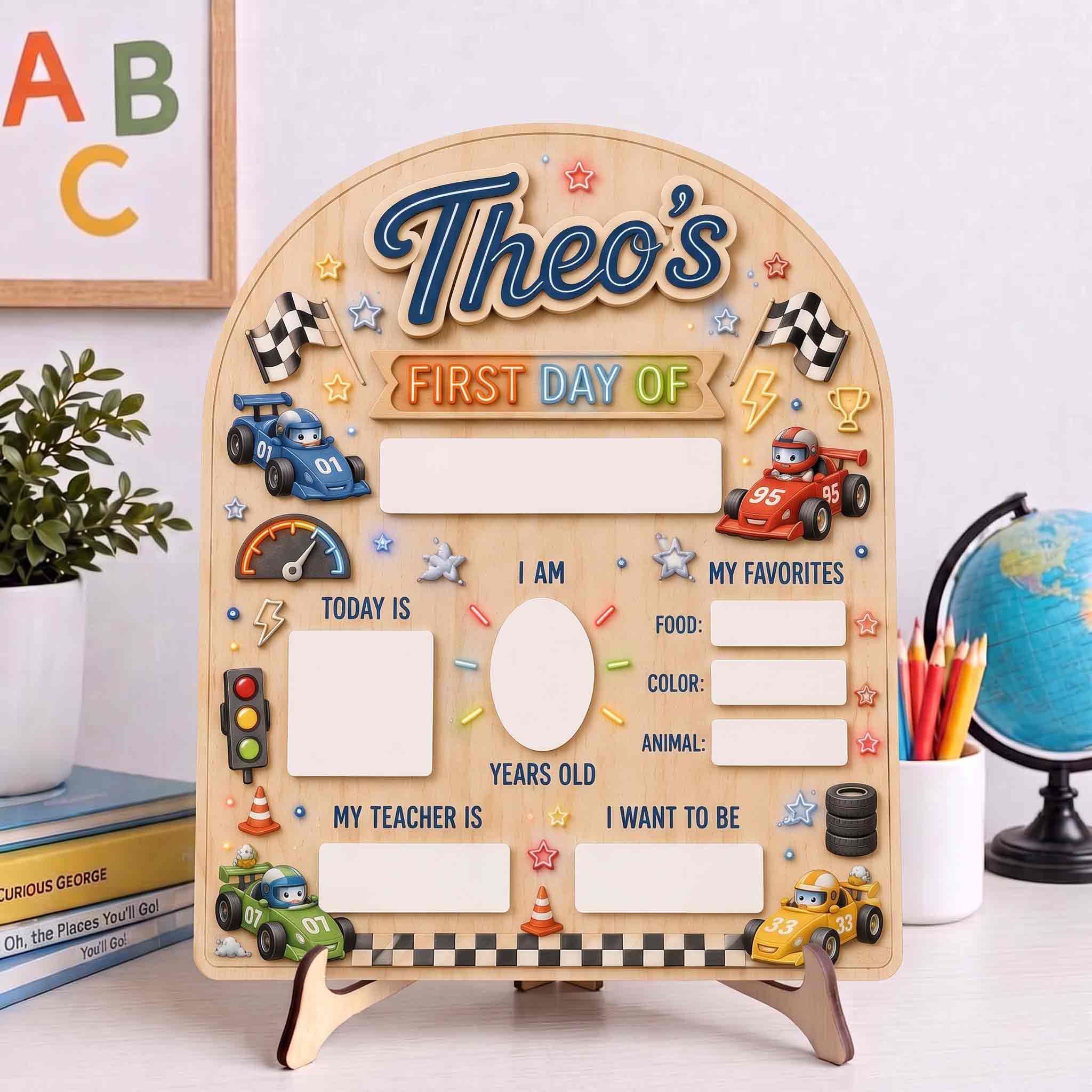 Personalized Speed Racing Theme First & Last Day School Sign, Reusable Dry Erase Board, Back to School Sign