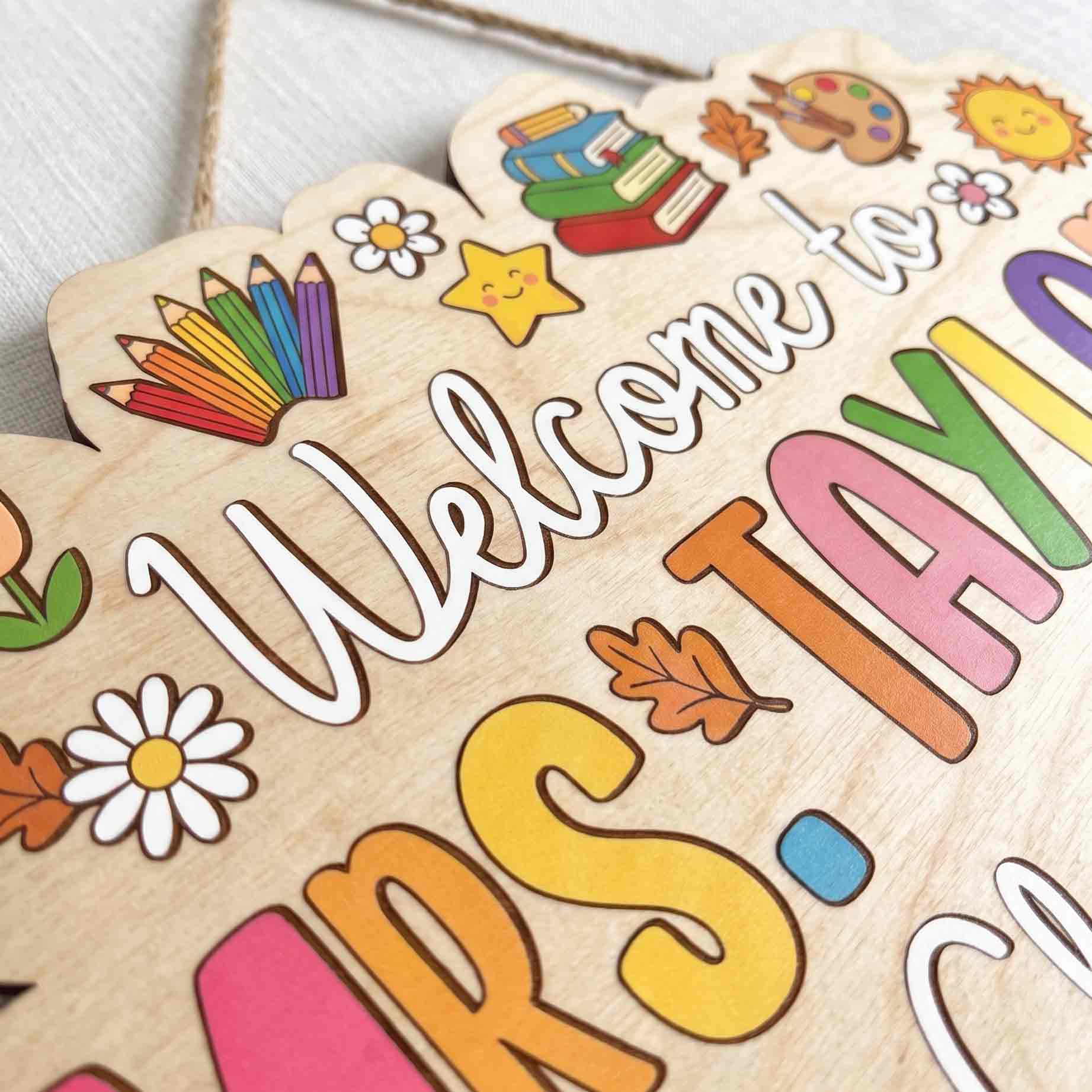 Personalized Rainbow Teacher Classroom Welcome Sign, Colorful School Supplies Classroom Decor Wooden Sign