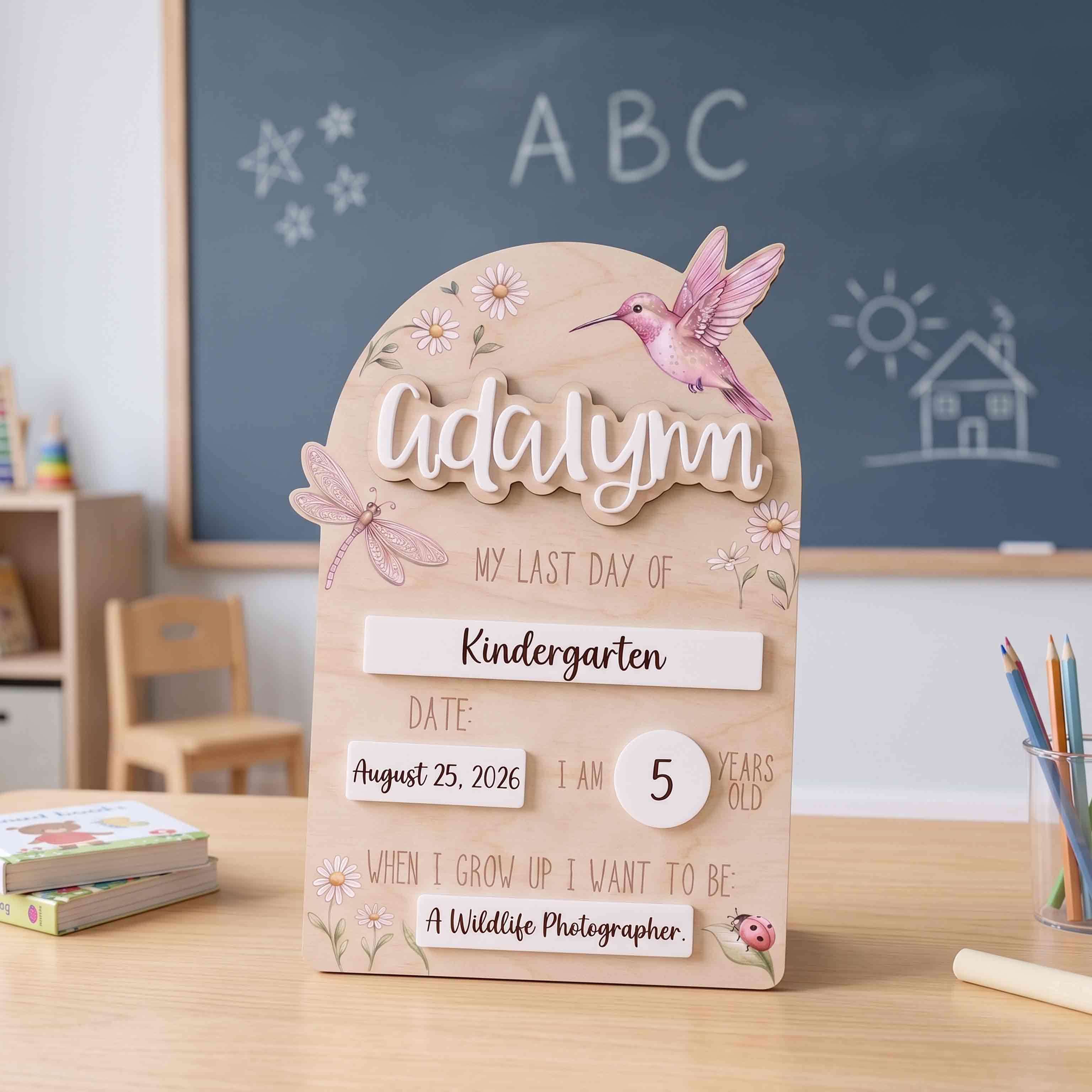 Personalized Hummingbird Garden First Day School Board, Reusable Dry Erase Board, Back to School Sign