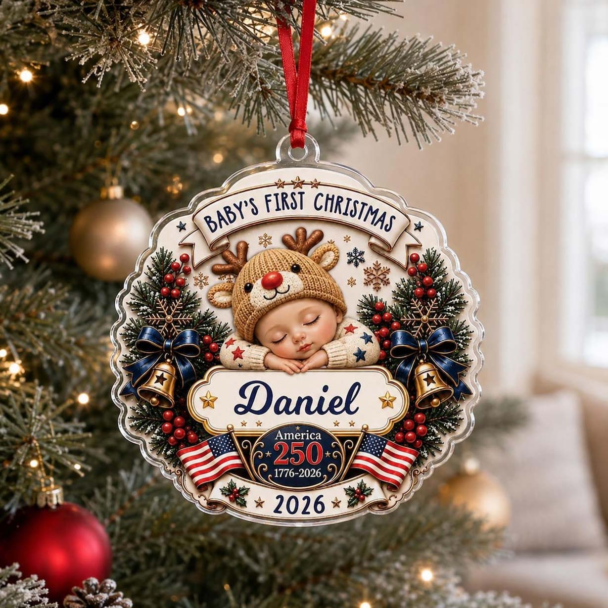 Reindeer Baby Wreath America's 250th Year Custom Name Baby's First Christmas Acrylic Christmas Ornament Patriotic