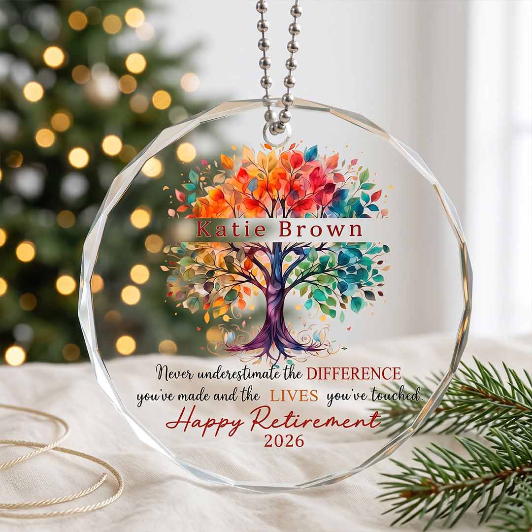 Tree of Life Happy Retirement Personalized Custom Name Date Retirement Round Glass Christmas Ornament for Retirement Gift
