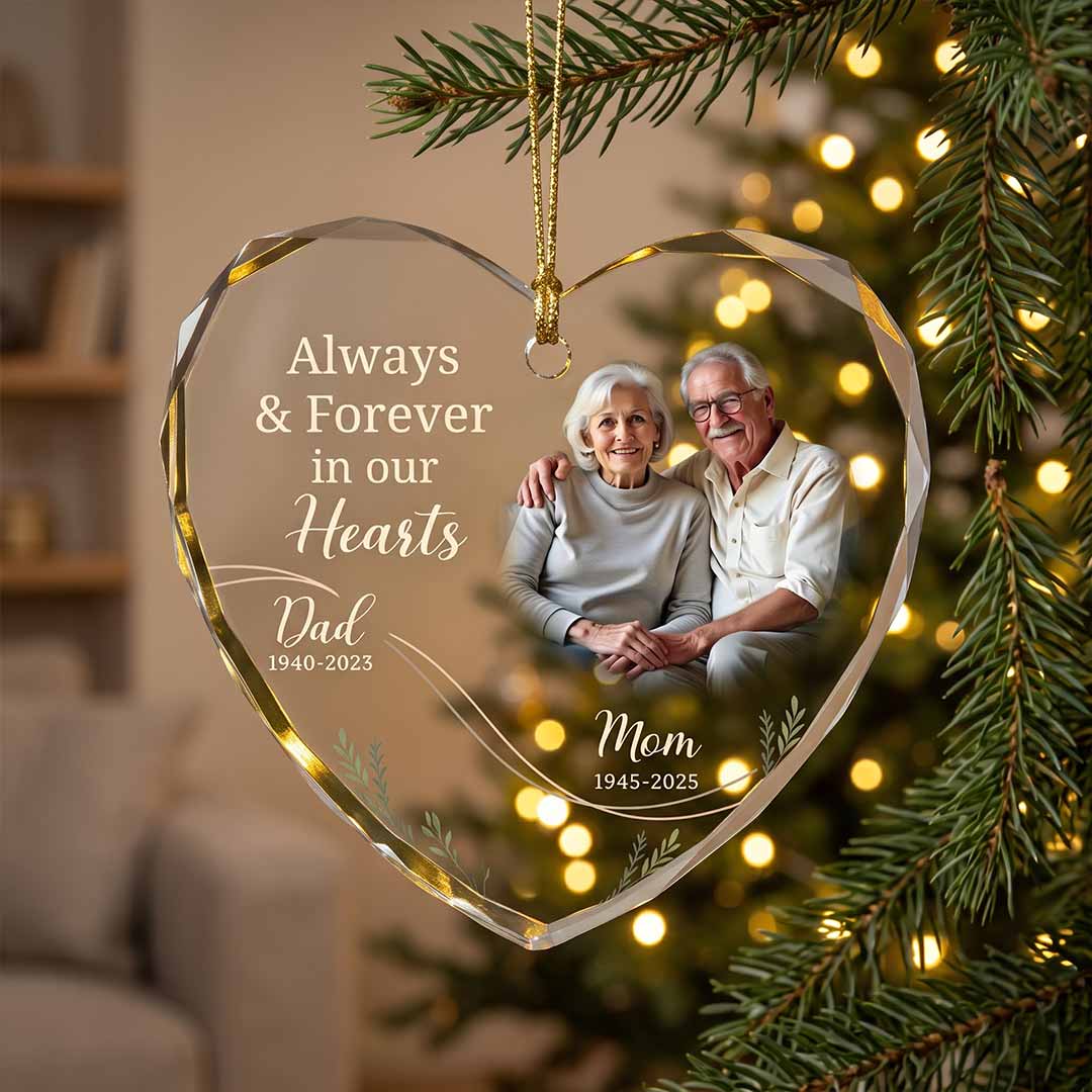 Always And Forever In Our Hearts Dad And Mooriam Tribute Personalized Memorial Custom Name Date Photo Heart Glass Ornament