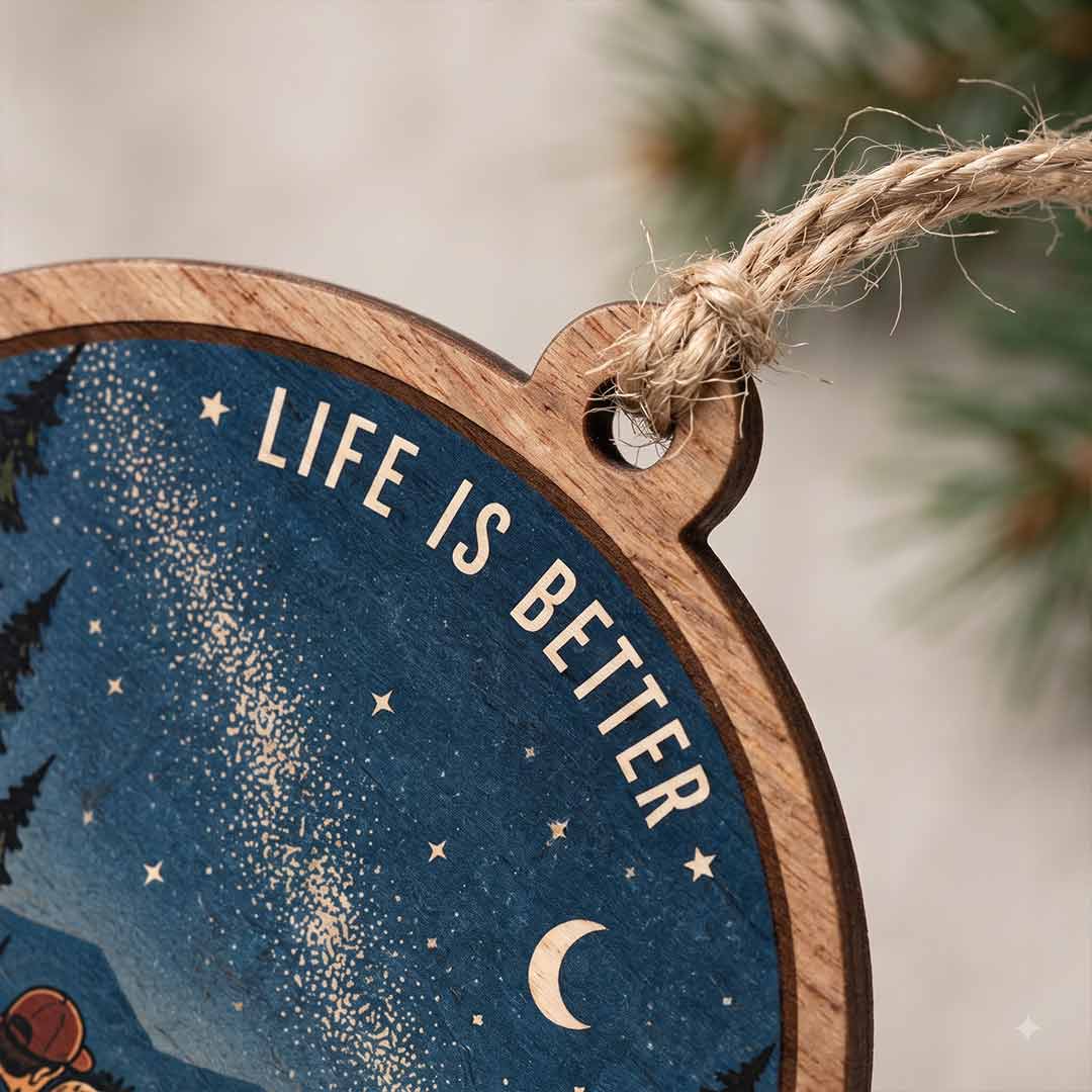 Life Is Better Around the Campfire Camping Adventure Keepsake Personalized Custom Name Campfire Couple 1-Layer Wooden Christmas Ornament for Outdoor Lovers