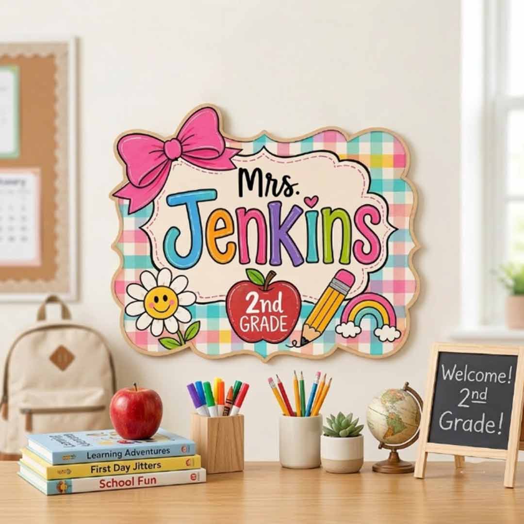 Personalized Teacher Name Wooden Sign Door Hanger Playful Welcome Classroom Sign Wooden Classroom Decor, Back to School Sign