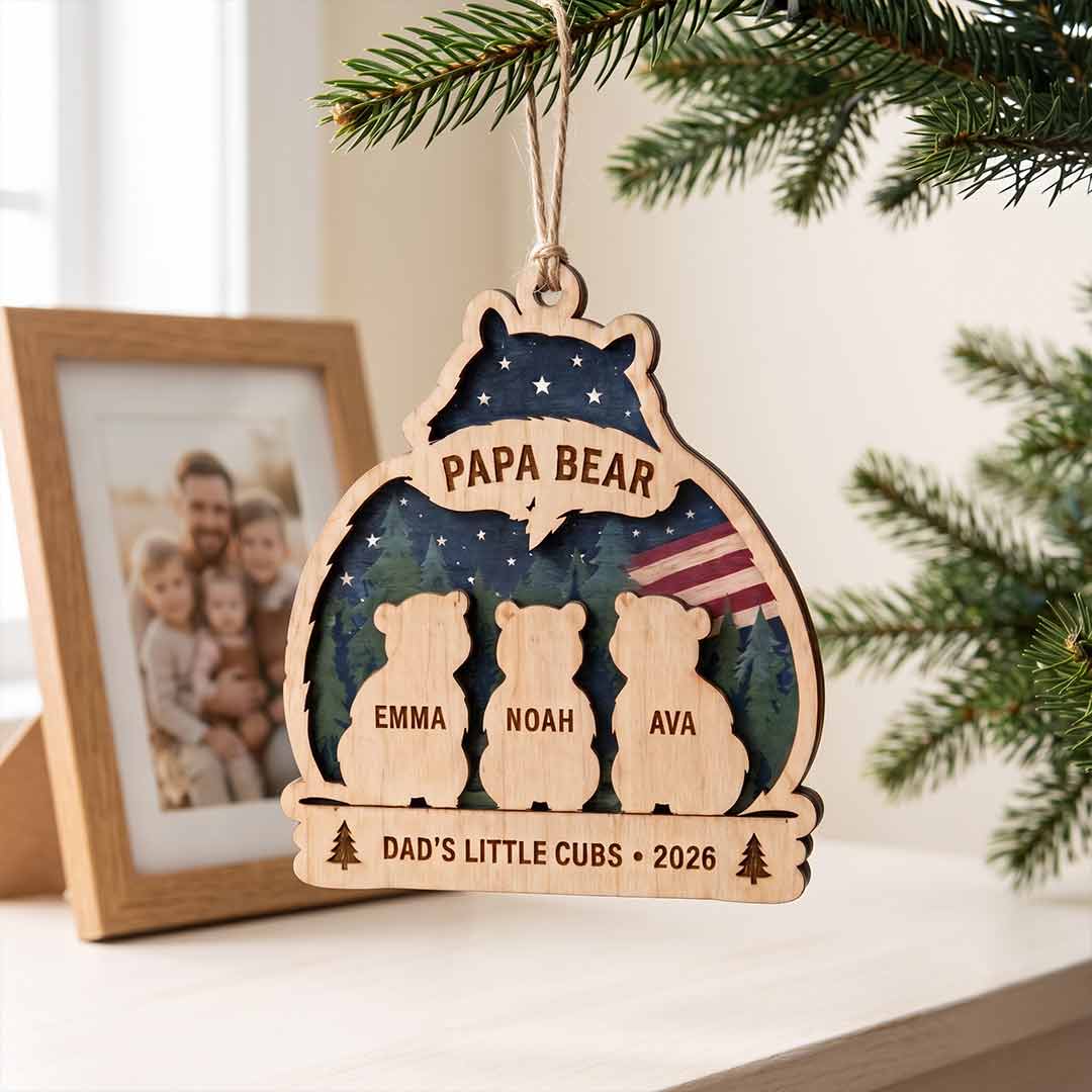 Papa Bear Little Cubs Personalized Custom Name Family 2-Layer Wooden Christmas Ornament Father and Kids Christmas Gift