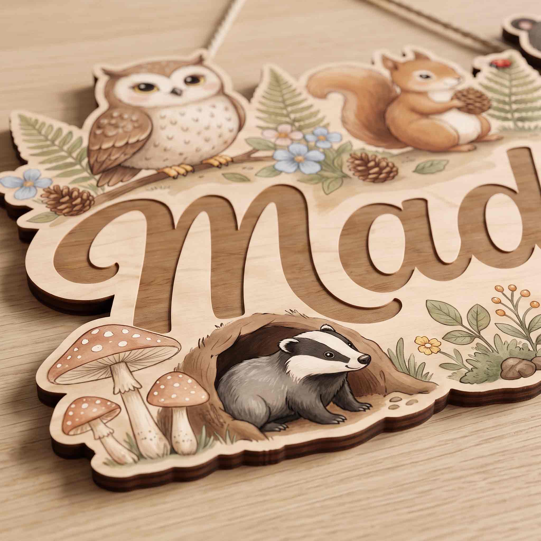 Personalized Woodland Owl Bear Squirrel Nursery Wooden Sign