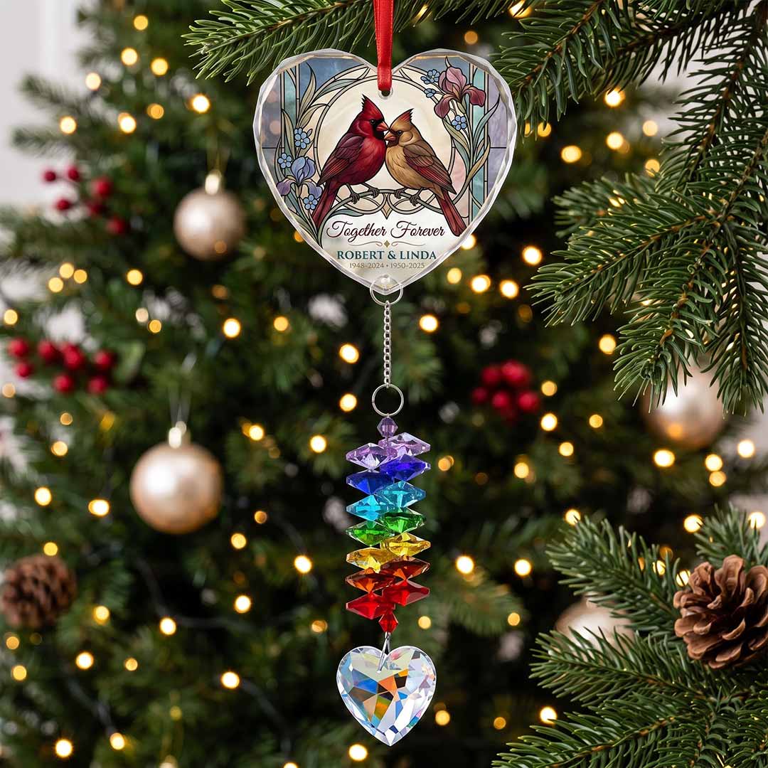 Together Forever Cardinal Love Personalized Couple Custom Name Date Memorial Keepsake Heart Glass Christmas Ornament With Crystal Charm