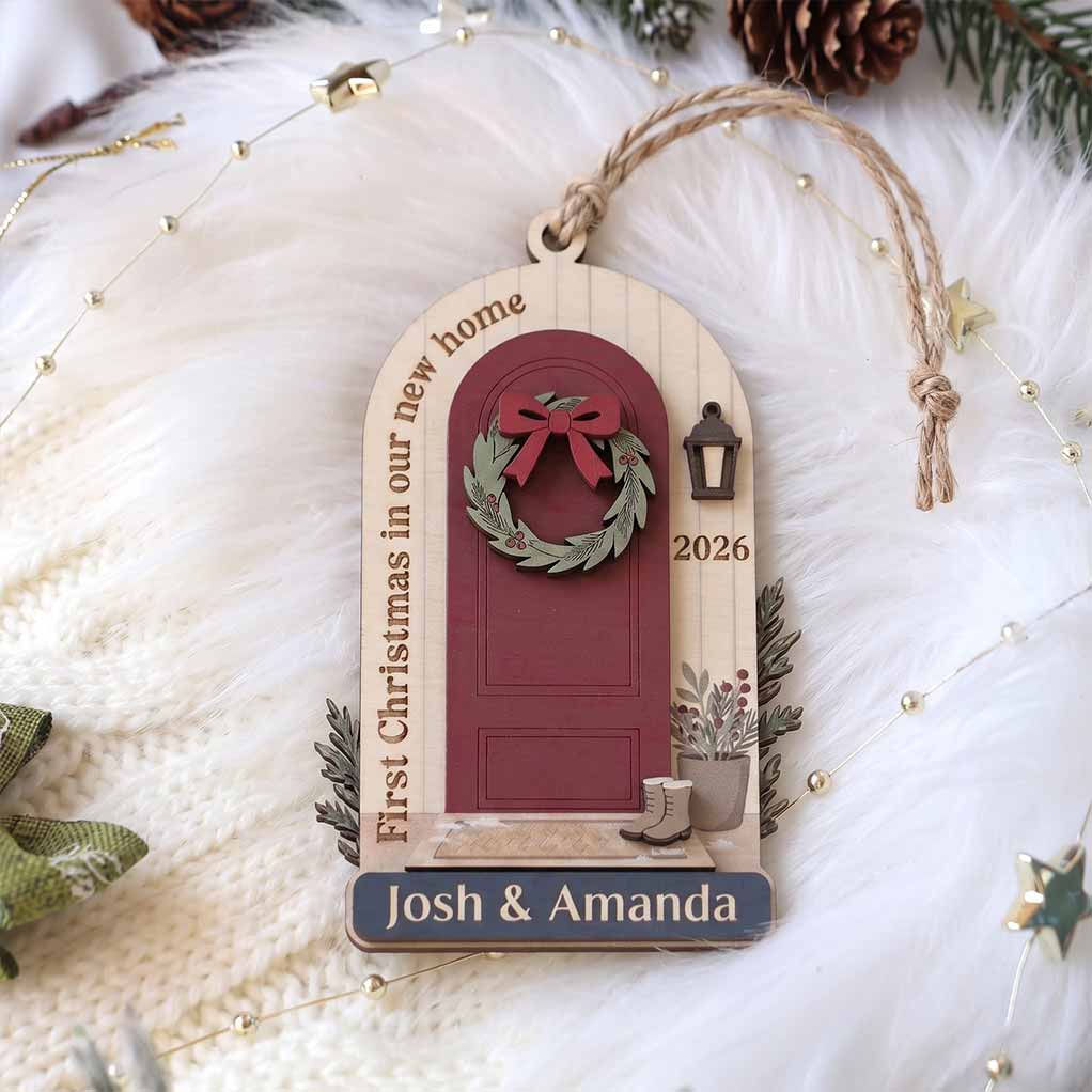 First Christmas New Home Red Door Wreath Personalized New Home Custom Name Date Couple Gift Wooden Christma