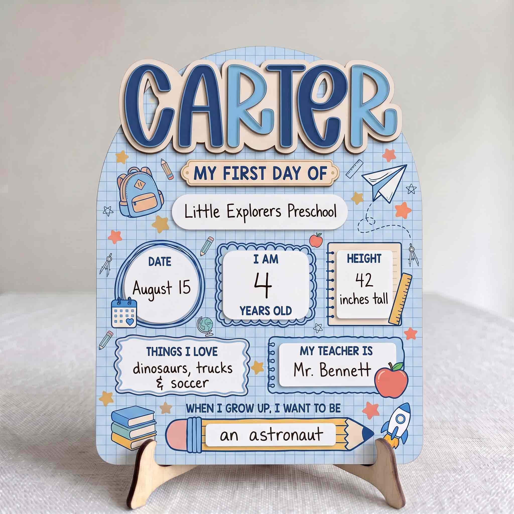 Personalized Blue Explorer School First & Last Day School Sign, Reusable Dry Erase Board, Back to School Sign