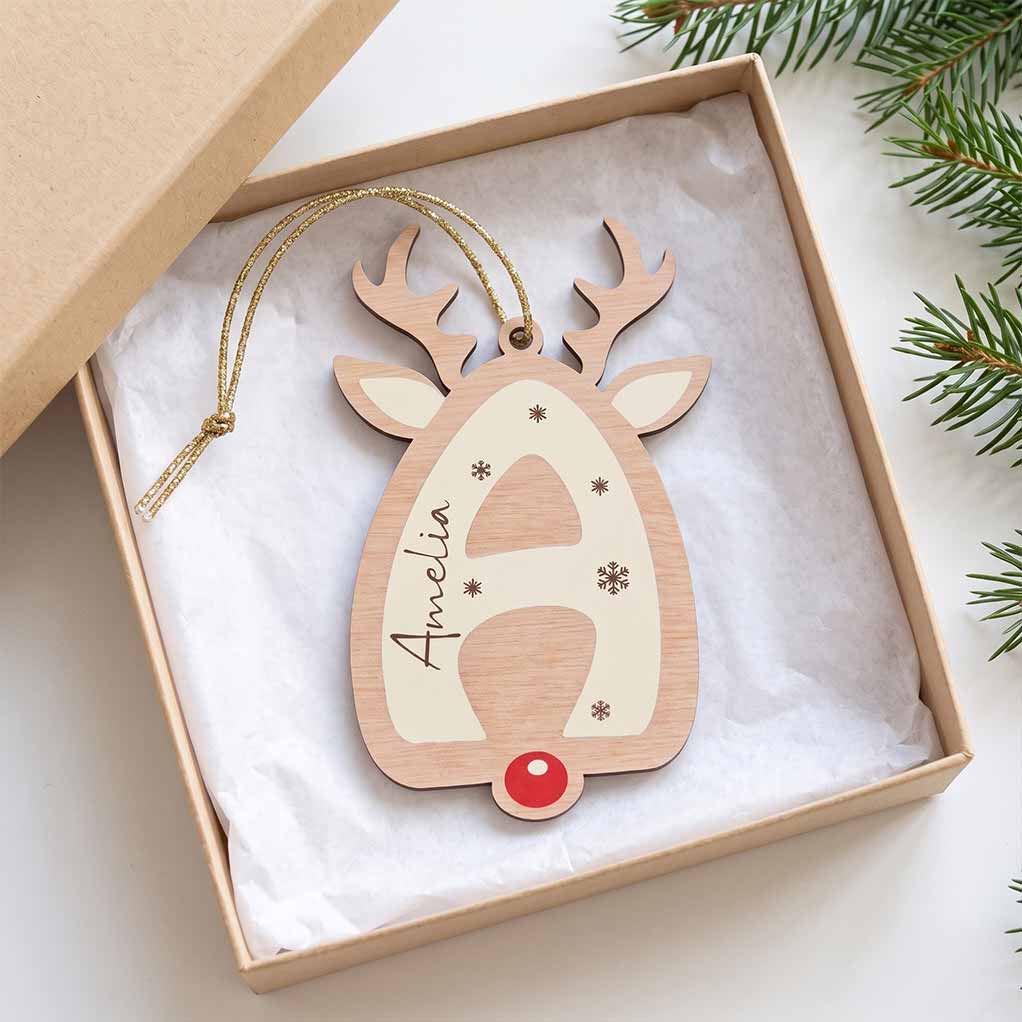 Reindeer Alphabet Christmas Initial Keepsake Personalized Custom Name Initial 1-Layer Wooden Christmas Ornament for Kids Gift