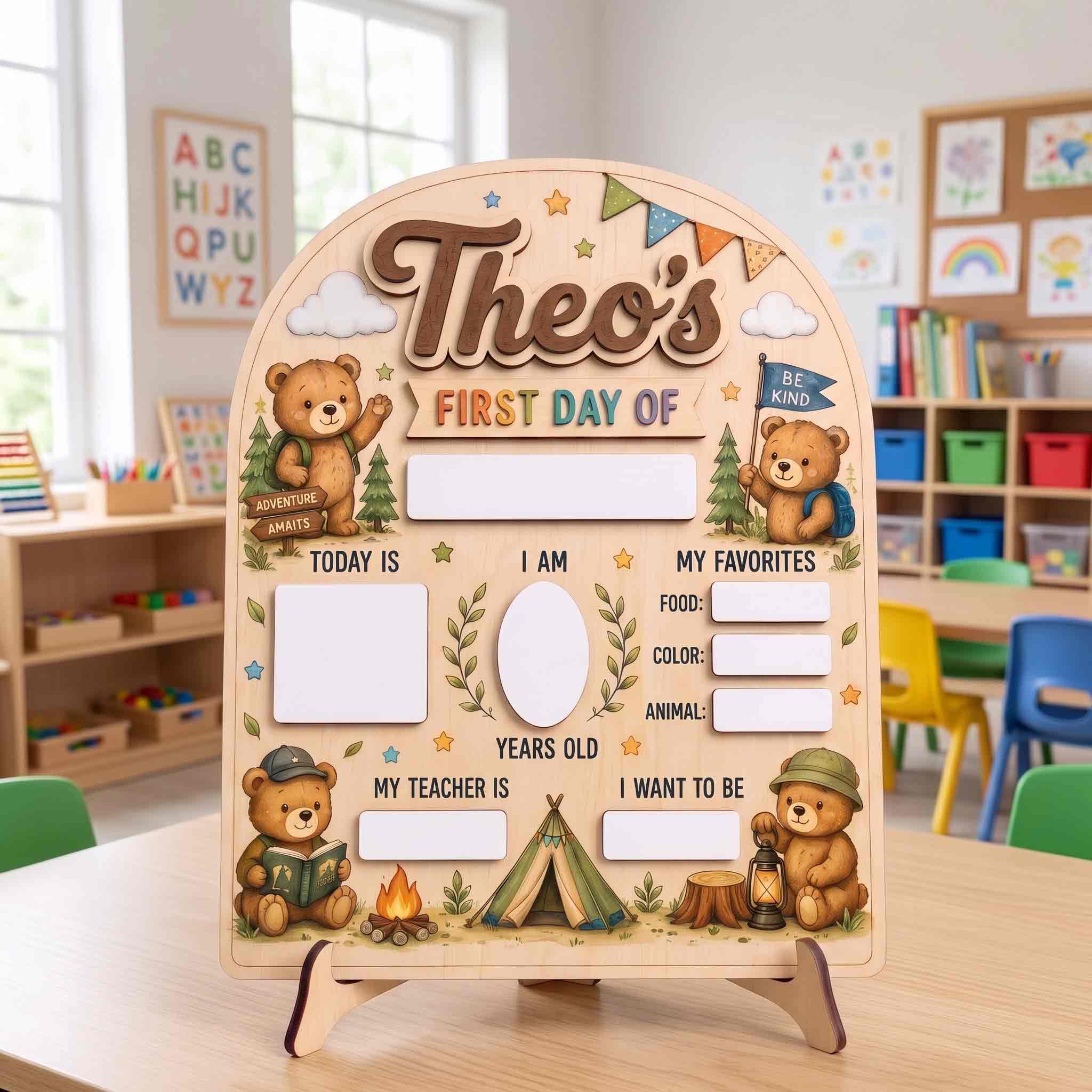 Personalized Camping Bears First & Last Day School Sign, Reusable Dry Erase Board, Back to School Sign