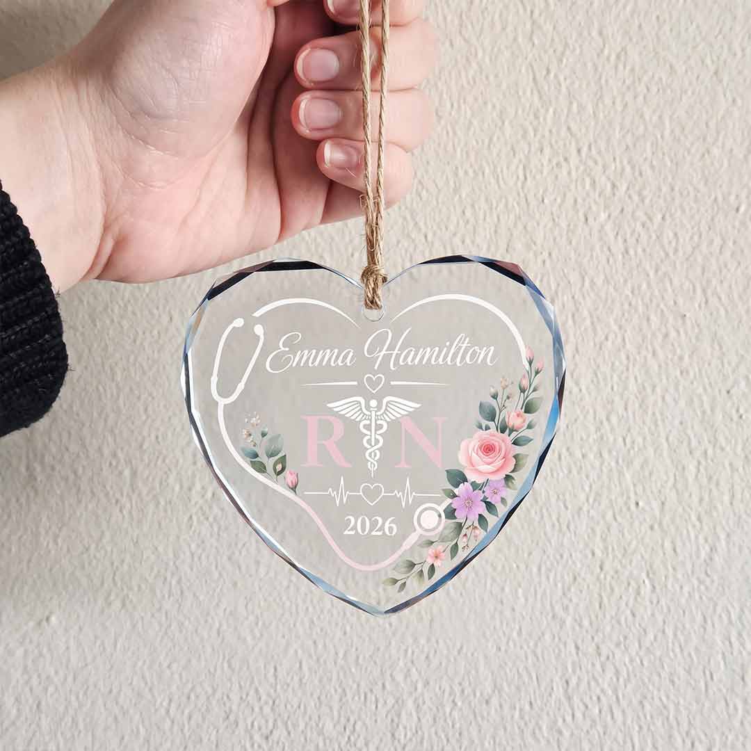 Floral RN Nurse Personalized Nurse Custom Name Date Nurse Appreciation Gift Heart Glass Christmas Ornament