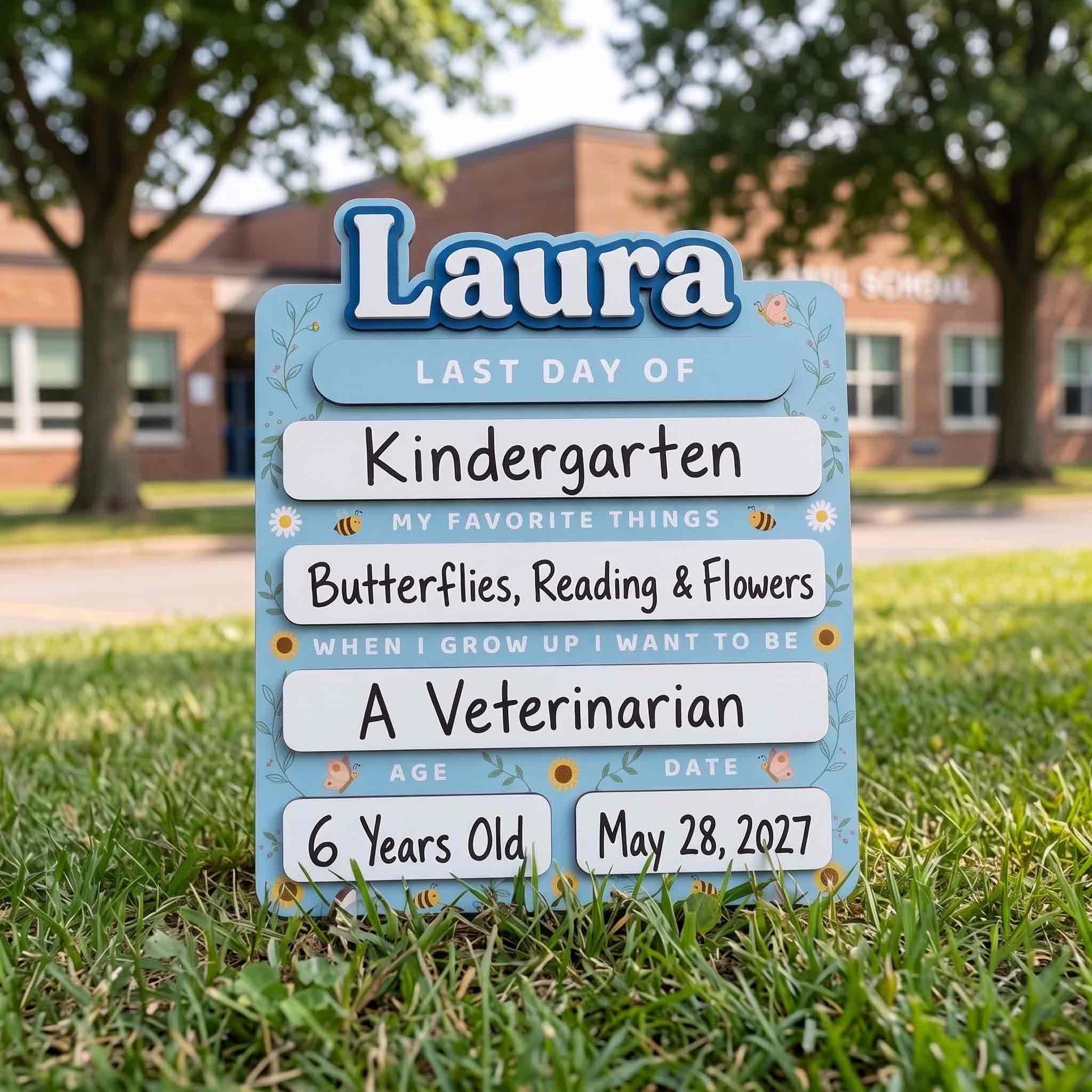 Personalized Blue Wildflower First & Last Day School Board, Reusable Dry Erase Board, Back to School Sign