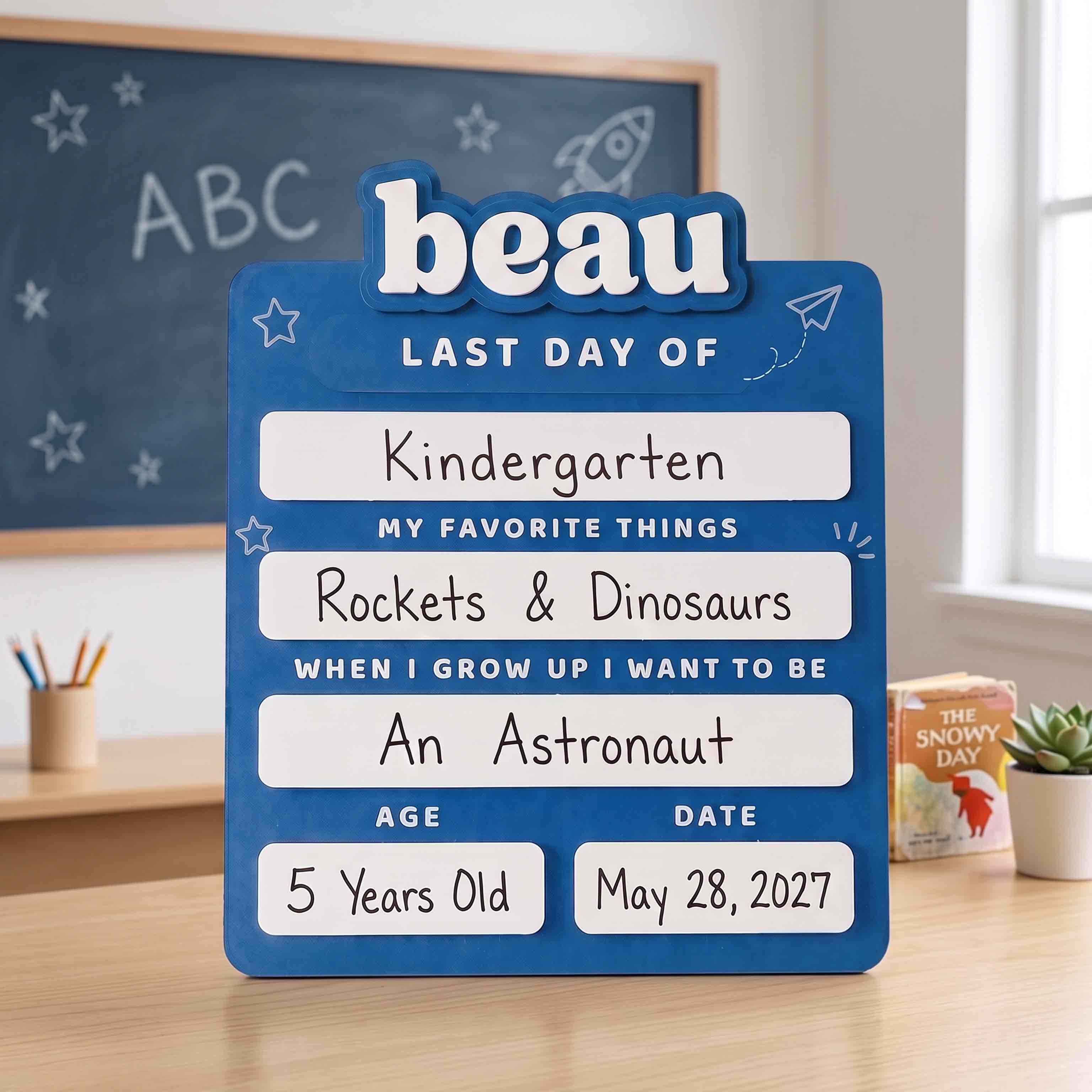 Personalized Blue Minimalist First & Last Day School Board, Reusable Dry Erase Board, Back to School Sign