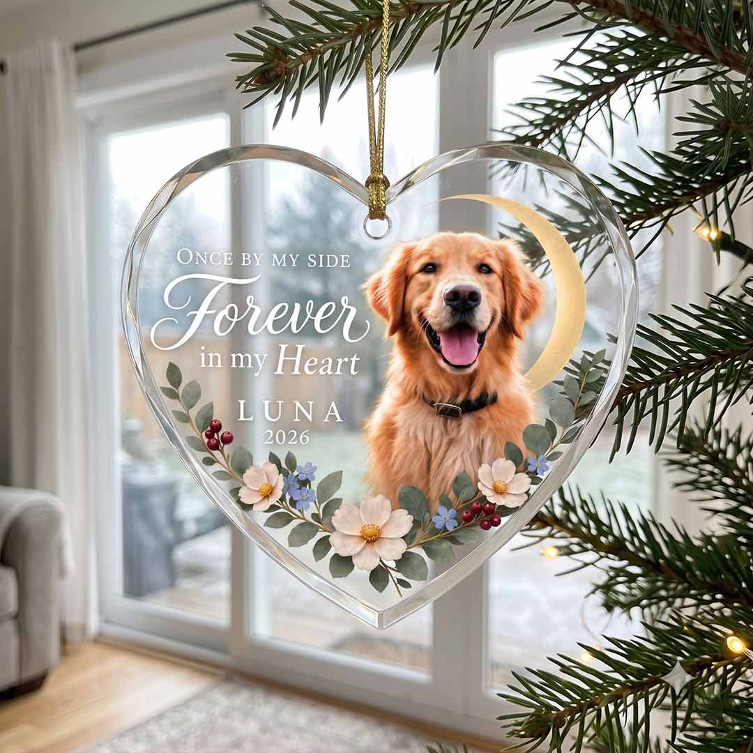 Pet Memorial Crescent Moon Floral Personalized Pet Custom Name Date Photo Pet Loss Gift Heart Glass Christmas Ornament