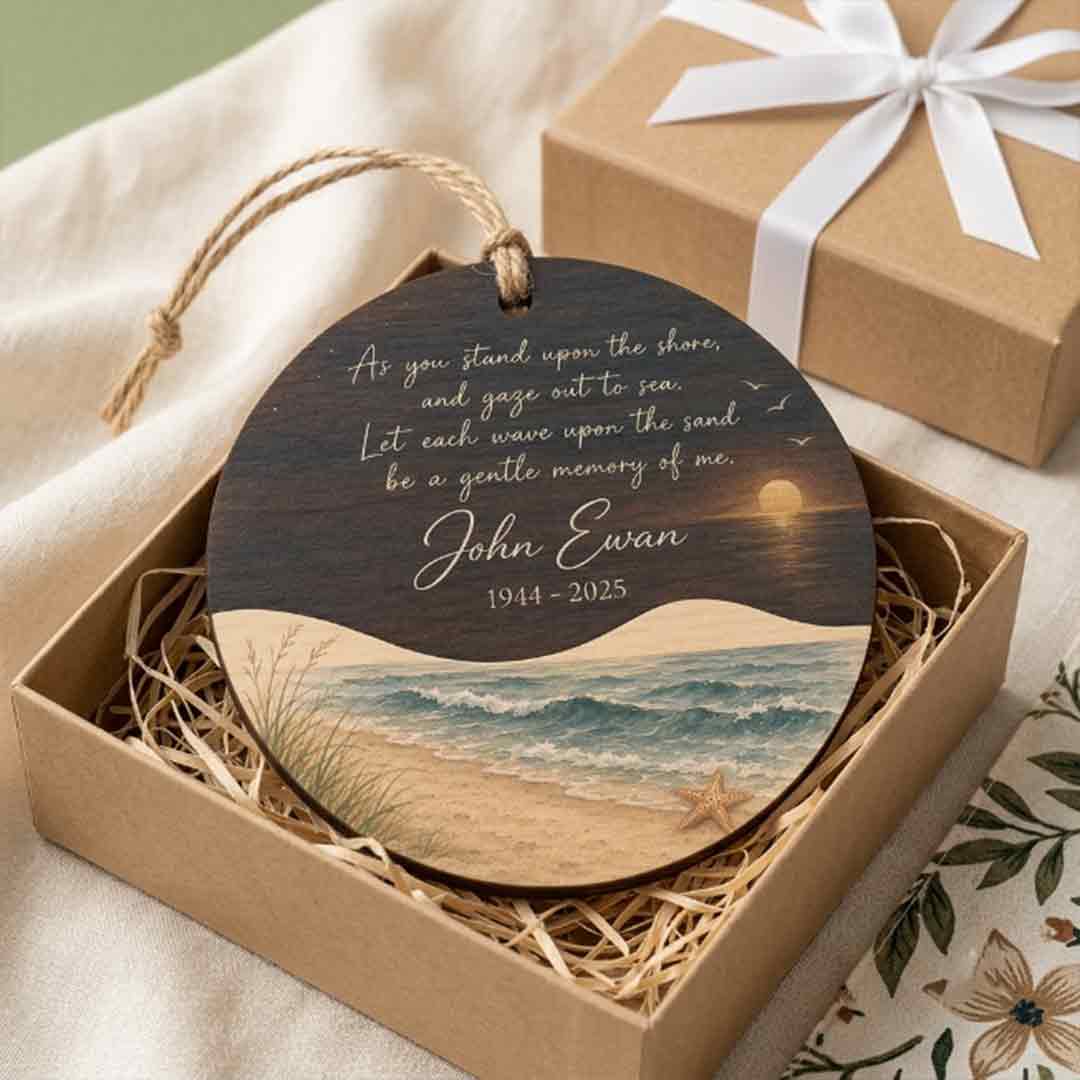 Memorial Beach Sunset In Loving Memory Gift Personalized Custom Name Date Memorial 1-Layer Wooden Christmas Ornament for Loss of Loved One