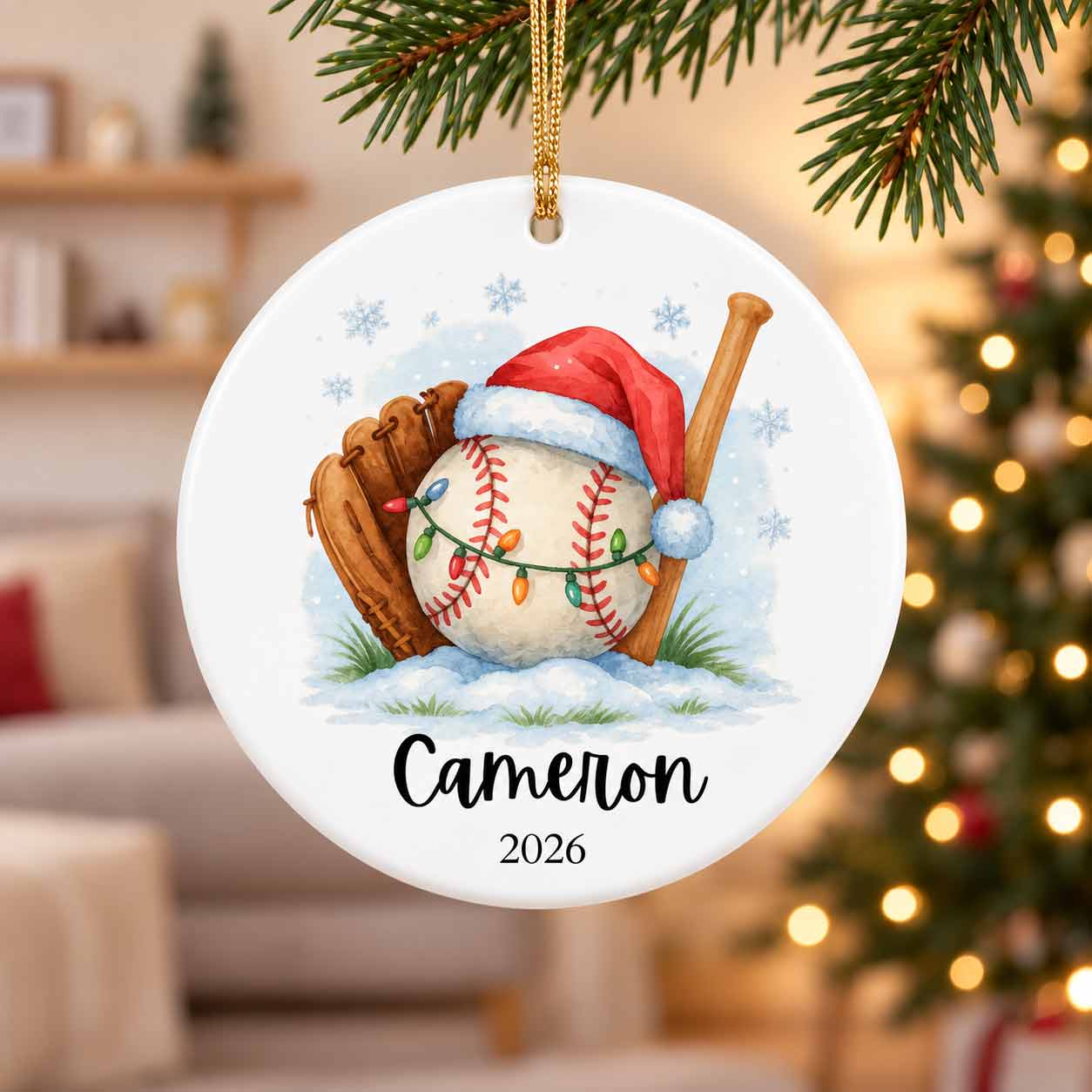 Baseball Christmas Santa Hat Custom Name 2026 Sports Kid Gift Round Ceramic Christmas Ornament
